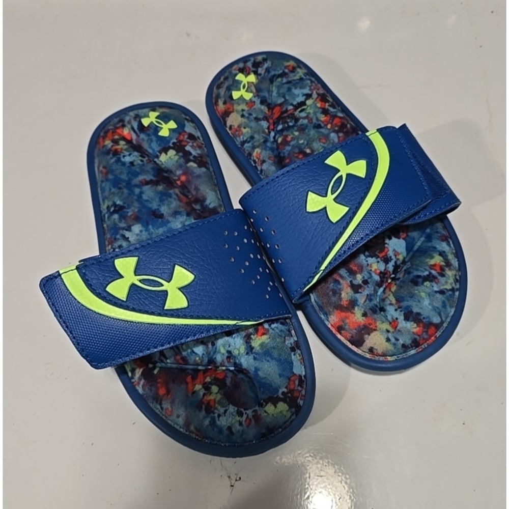 Under Armour Ignite VI Graphic Footbed Blue Slip On Slides Sandals Boys Size 2Y